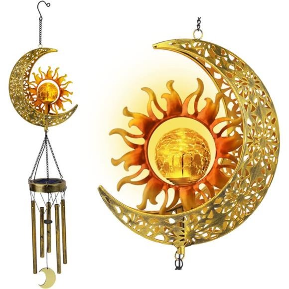 Sun Moon Solar Wind Chimes for Outside Crackle Glass Ball Waterproof Wind Chimes - Picture 1 of 6